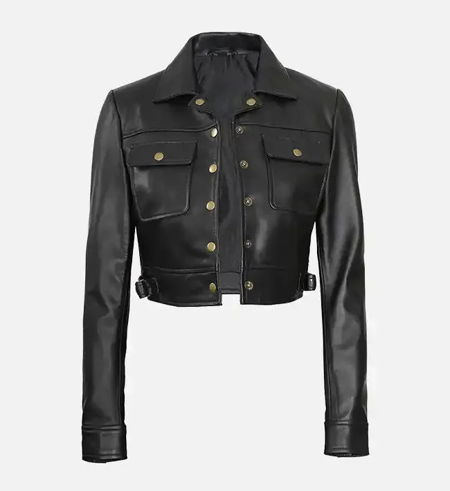 Women Cropped Black Leather Trucker Jacket
