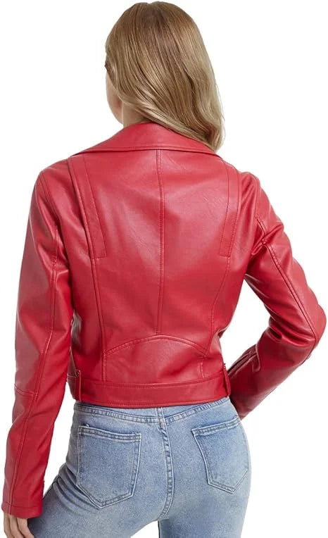 Red Biker Cropped Leather Jacket