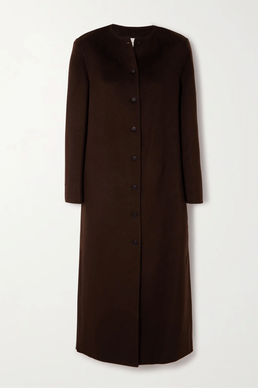 Womens Collarless Dark Brown Wool Trench Coat