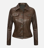 Women Dark Brown Leather Trucker Jacket