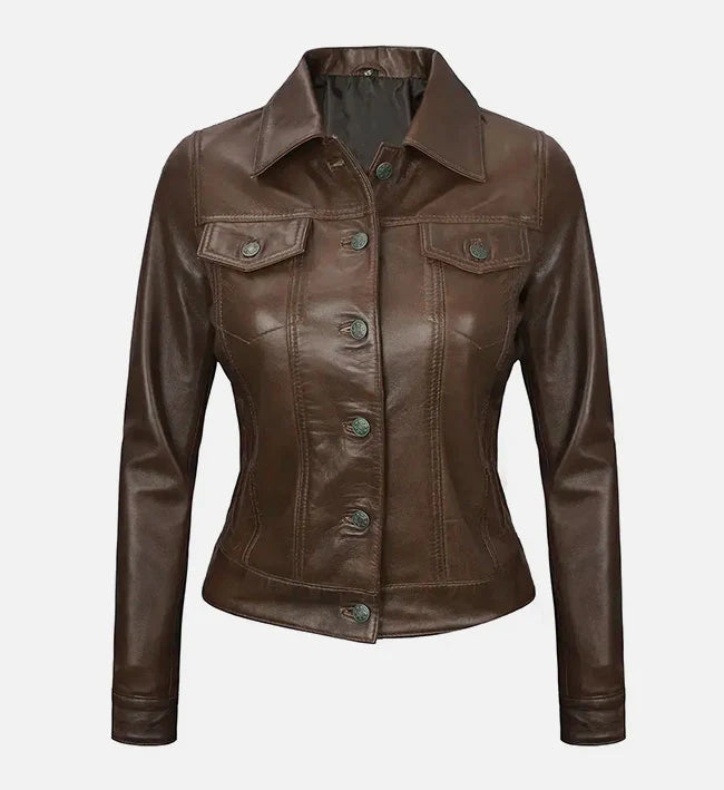 Women Dark Brown Leather Trucker Jacket