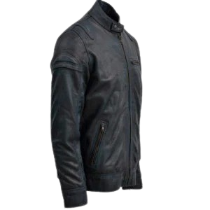 Blue Waxed Leather Jacket With Red Shade