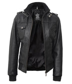Womens Edinburgh Bomber Leather Jacket with Detachable Hood