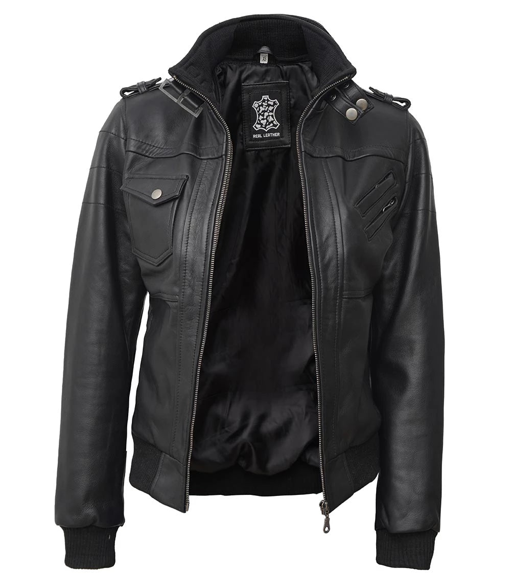 Womens Edinburgh Bomber Leather Jacket with Detachable Hood