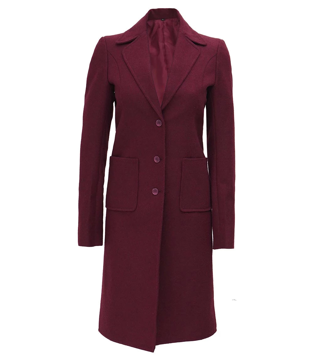 Womens Maroon Long Wool Coat