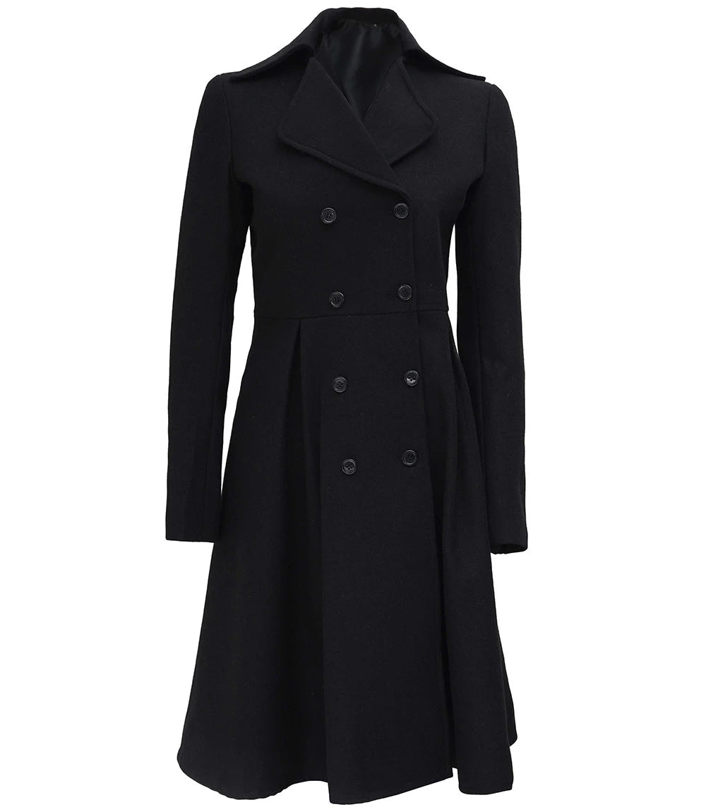 Womens Black Double Breasted Wool Trench Coat