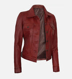 Women Red Leather Trucker Jacket
