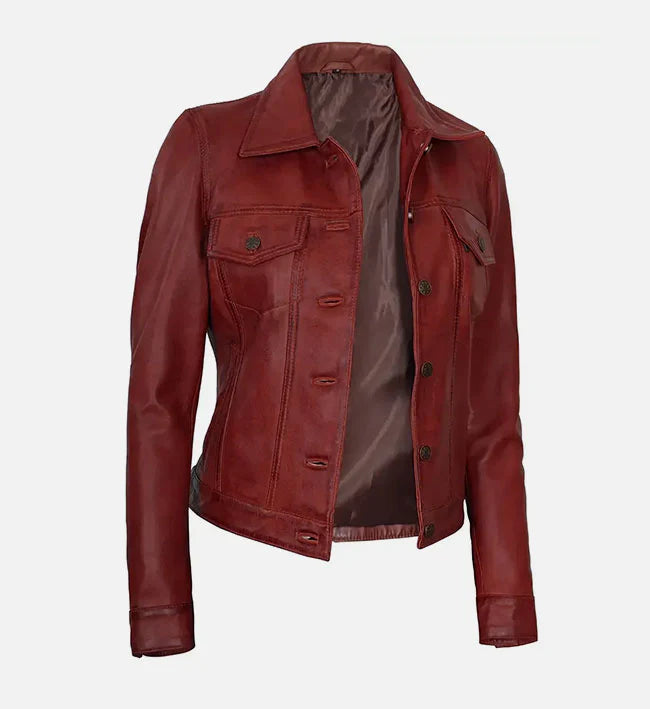 Women Red Leather Trucker Jacket