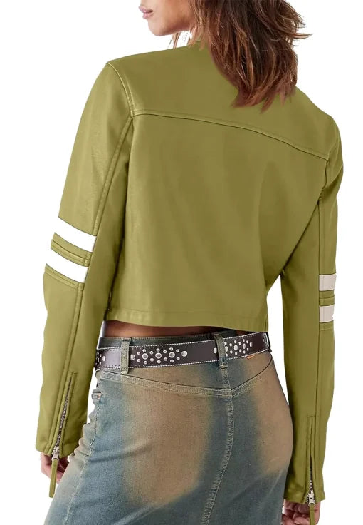 Womens Green Faux Leather Motocross White Stripes Jacket