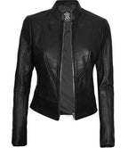 Women Black Cafe Racer Leather Jacket