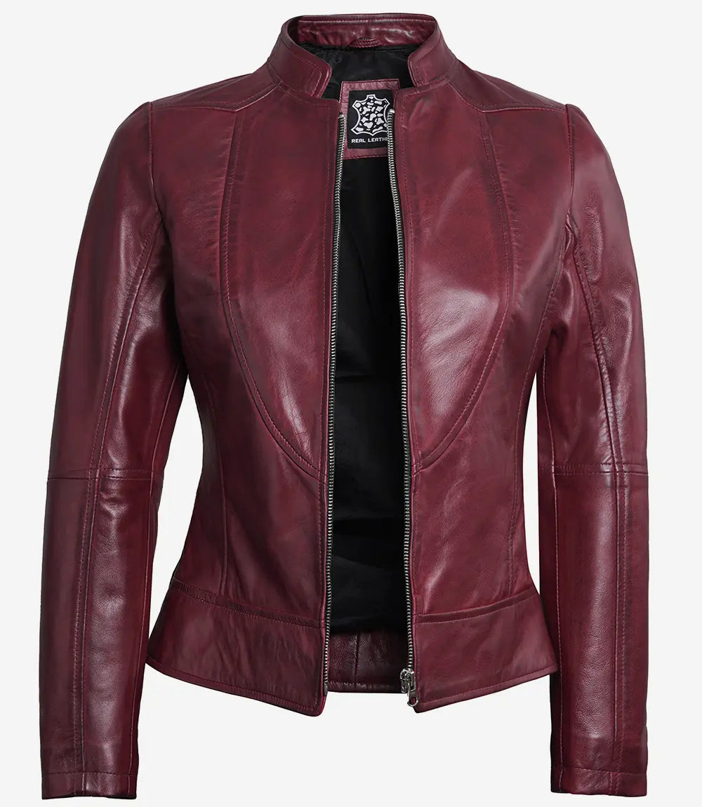 Women Maroon Cafe Racer Leather Jacket