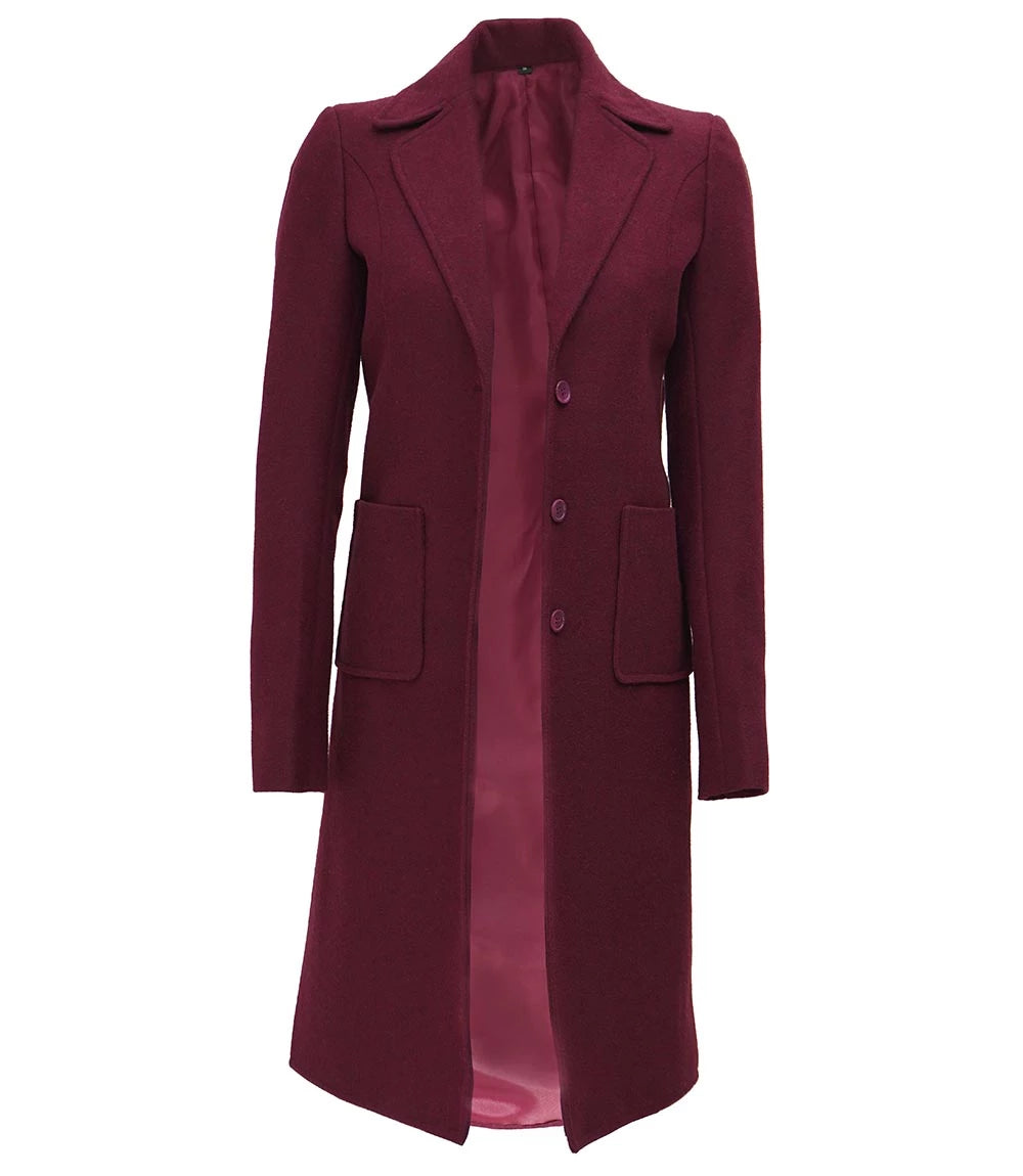 Womens Maroon Long Wool Coat