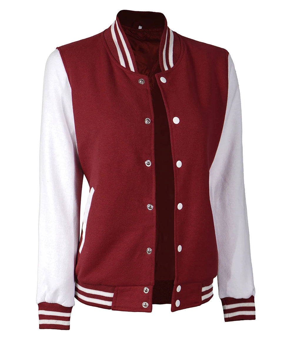 Womens Maroon White Sleeves Varsity Jacket
