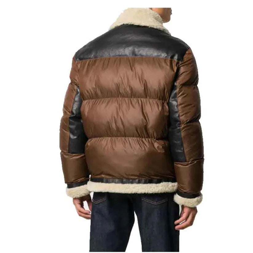 Front Full Zipped Puffer Leather Jacket For Mens
