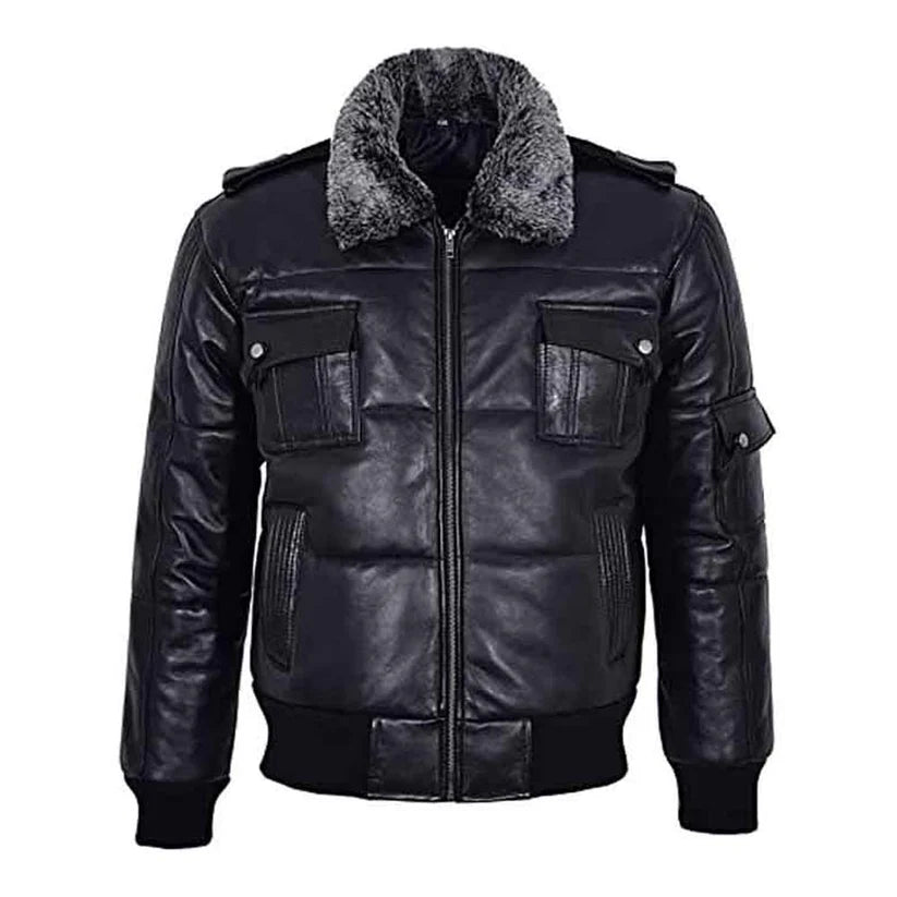 Mens Genuine Black Fur Puffer Leather Jacket