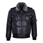 Mens Genuine Black Fur Puffer Leather Jacket