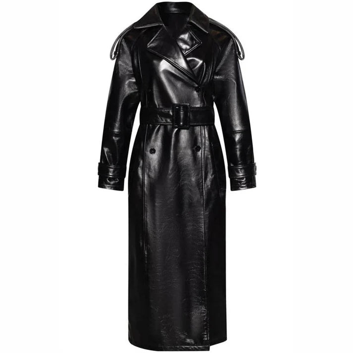 Women Genuine Leather Black Trench Coat