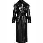 Women Genuine Leather Black Trench Coat