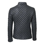 Mens Black Leather Puffer Jacket Diamond Quilted