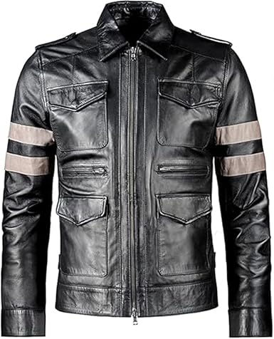 Black Leather Jacket with Gray Stripes