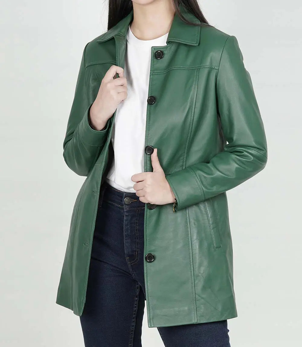 Womens Leather Green Coat - 3/4 Length
