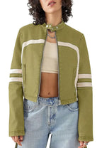 Womens Green Faux Leather Motocross White Stripes Jacket