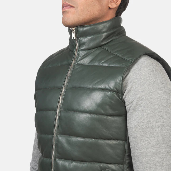 Mens Green Leather Puffer Vest