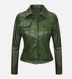 Women Green Leather Trucker Jacket