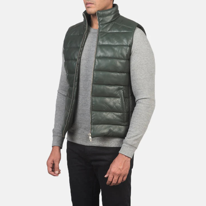 Mens Green Leather Puffer Vest