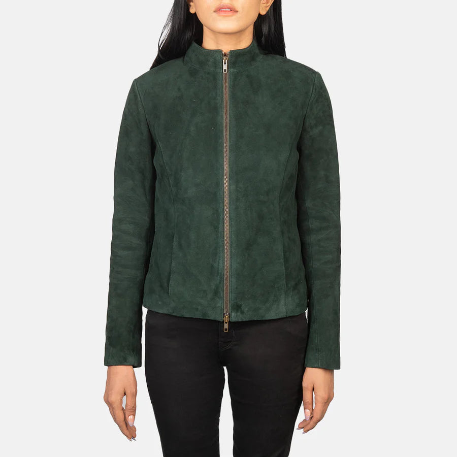 Women Green Suede Biker Jacket