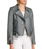 Womens Grey Leather Biker Jacket