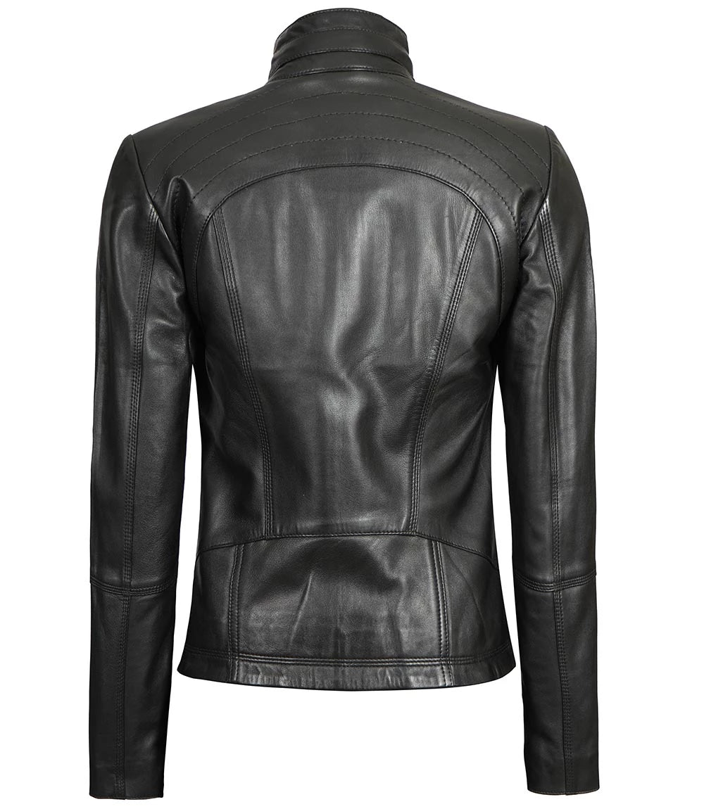 Black Leather Cafe Racer Motorcycle Jacket For Women