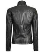 Black Leather Cafe Racer Motorcycle Jacket For Women
