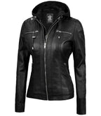 Women Black Detachable Hood Leather Jacket