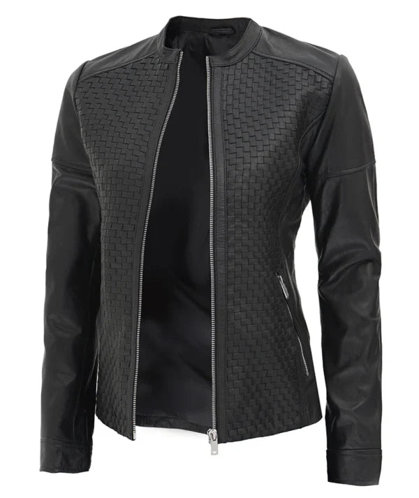Womens Black Textured Leather Cafe Racer Jacket