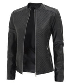 Womens Black Textured Leather Cafe Racer Jacket