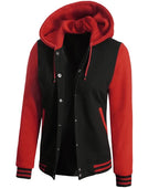 Womens Black And Red Hooded Baseball Varsity Jacket