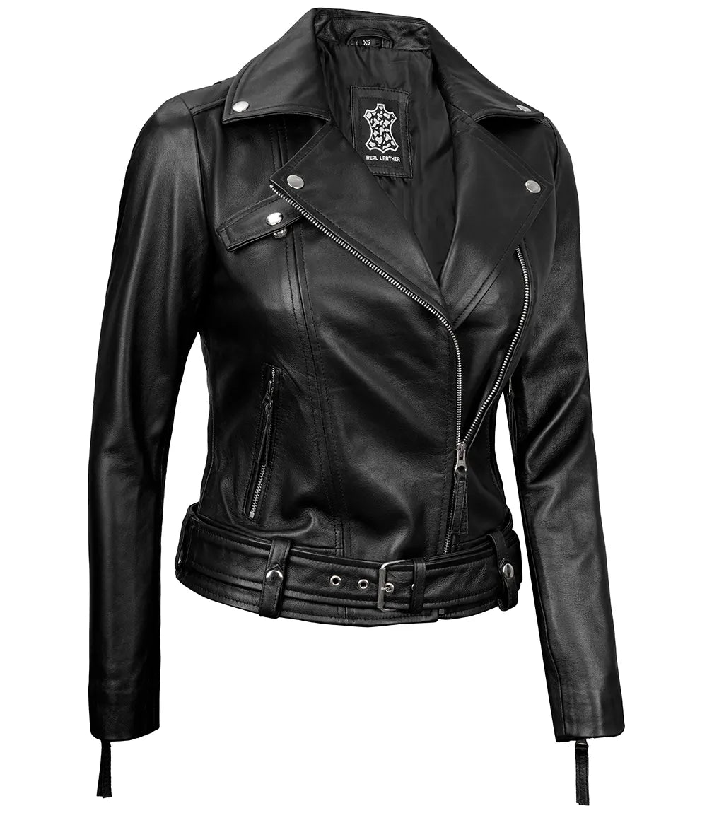 Womens Asymmetrical Real Black Leather Biker Jacket
