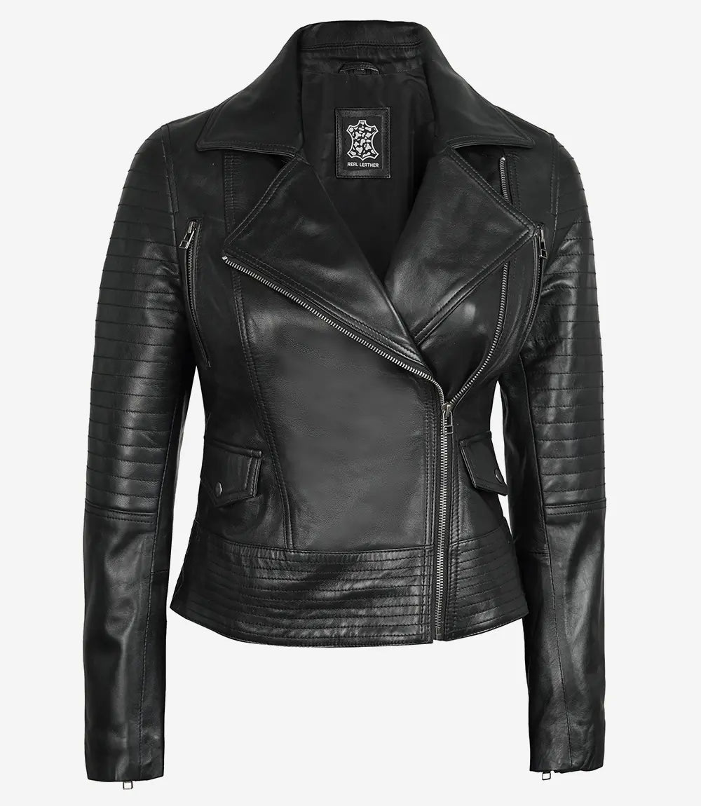 Womens Sleek Black Leather Moto Biker Jacket