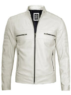 Mens Off White Leather Cafe Racer Jacket