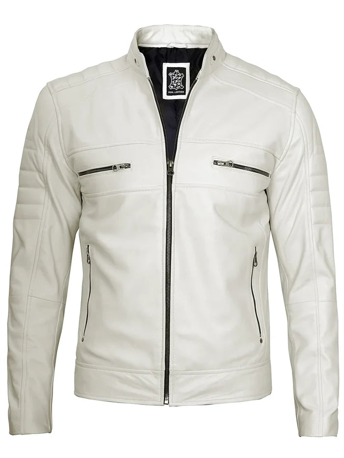 Mens Off White Leather Cafe Racer Jacket