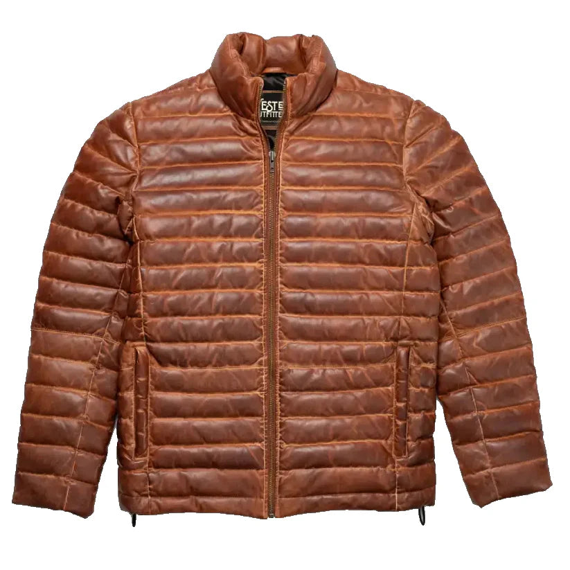 Mens Tan and Brown Leather Puffer Jacket