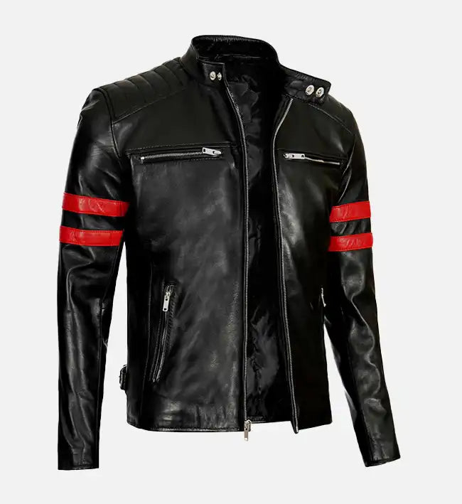 Leather Biker Jacket with Red Stripes