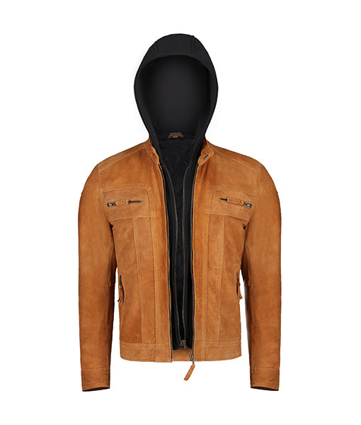 Men’s light Brown Leather Jacket With Hood