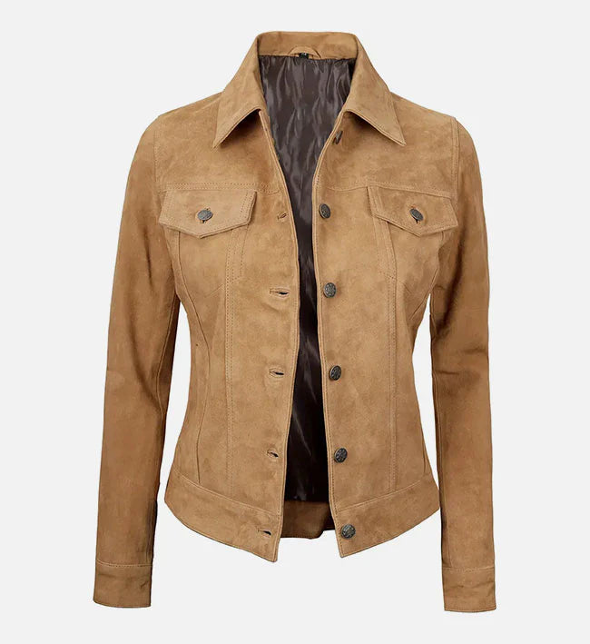 Womens Light Brown Suede Trucker Jacket