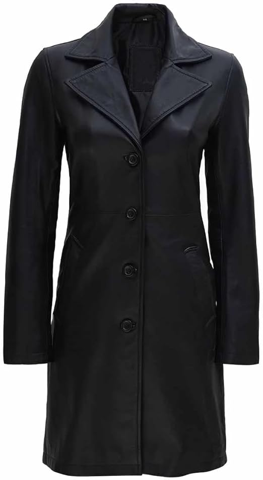 Womens Long Black Leather Trench Coat
