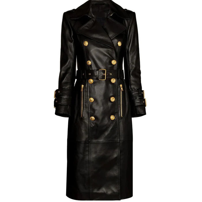 Womens Black Long Leather Trench Coat