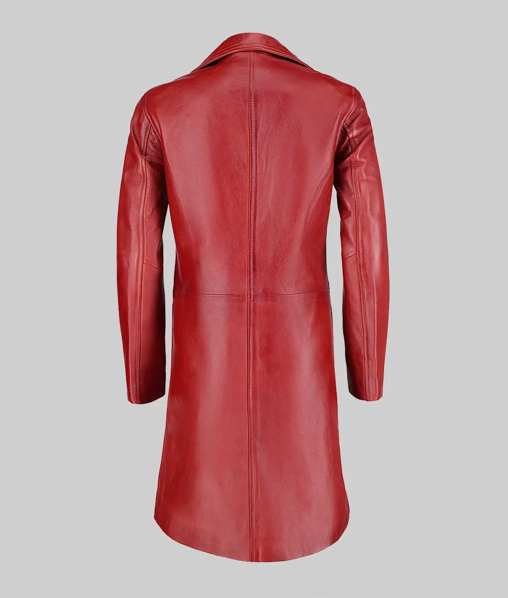 Womens Minimalist Red Leather Trench Coat