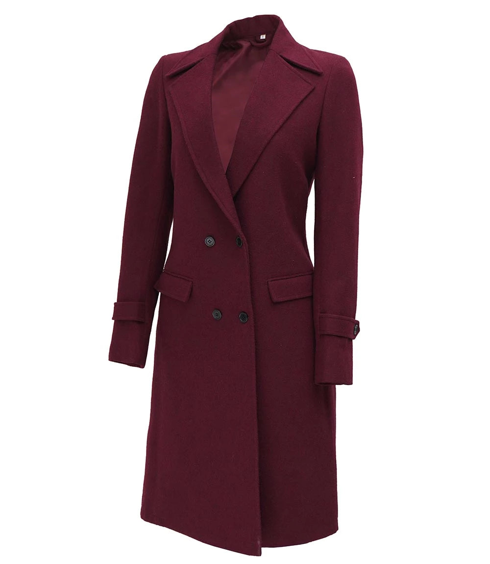 Womens Wool Coat Maroon Long Wrap Coat