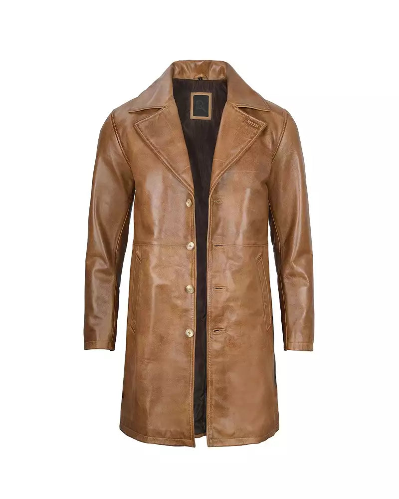 Mens Real Leather Camel Brown Car Coat